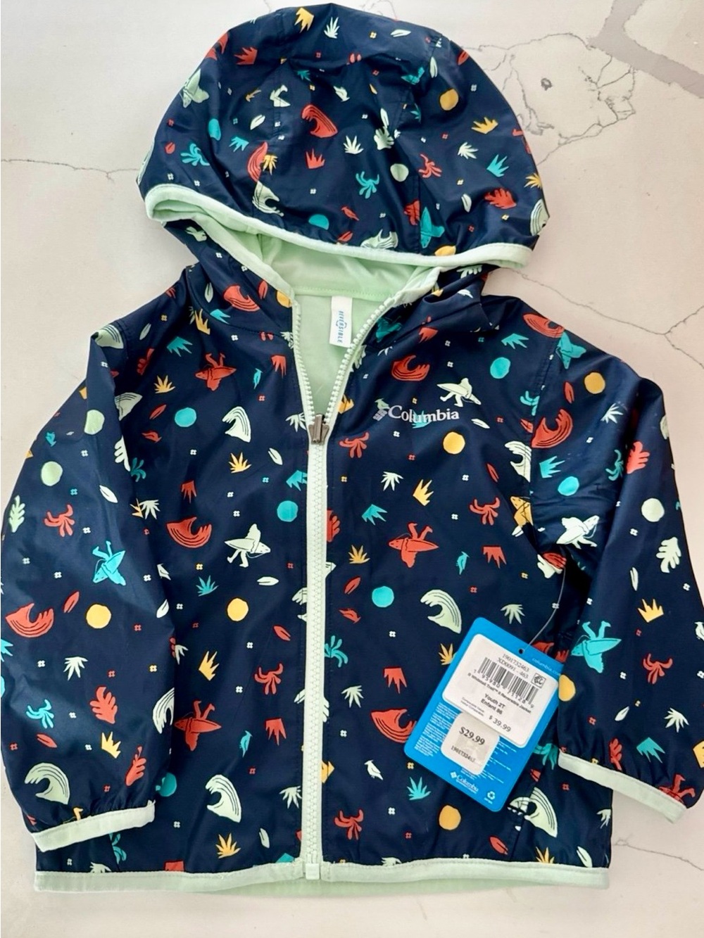 Columbia Navy Hooded Kids' Rain Jacket with Colorful Motif